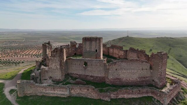 A drone shot of the The Castillo Almonacid de Toledo located in Spain