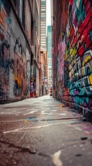 Fototapeta premium Bright graffiti that stretches along the wall. Dynamic visual storytelling in a vibrant cityscape.