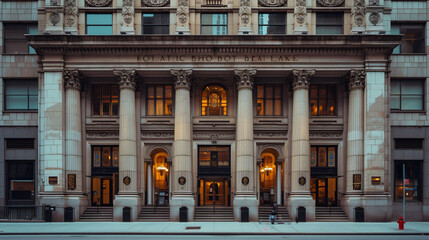 A grand bank building facade with impressive architecture and a bustling entrance.