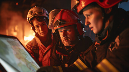 A group of firefighters discussing strategy at an emergency scene. - obrazy, fototapety, plakaty