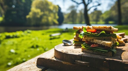 Tempting sandwiches against a city park background