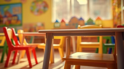Fototapeta na wymiar Closeup kindergarten room with tables, seats and toys