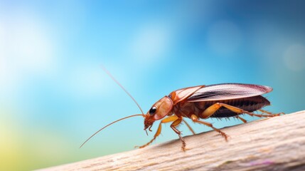 Closeup cockroach portrait on the wood against blue sky - Powered by Adobe