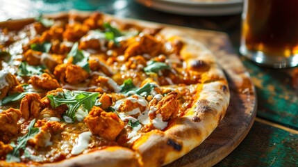 Buffalo chicken pizza against a sports bar setting