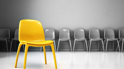 Yellow office chair standing out of grey chairs row against light grey wall, worker employment concept