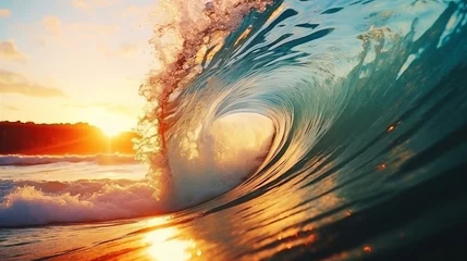 Fototapeten Big wave from the ocean breaking in on itself with inside view © Wolfilser