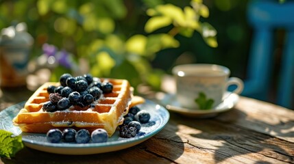 Blueberry Waffles against a garden brunch table