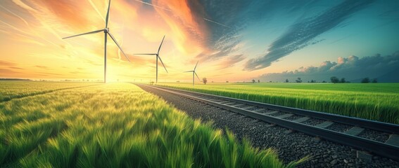 Sustainable energy windmills turbines in a field with hydrogen pipeline factory near railway. - obrazy, fototapety, plakaty