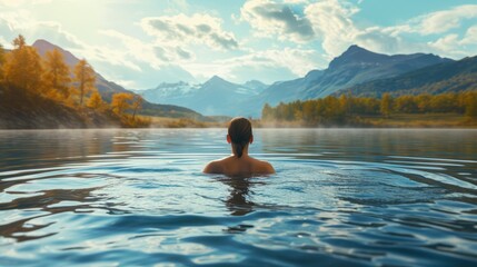 young woman swimming at sunset in a romantic calm lake