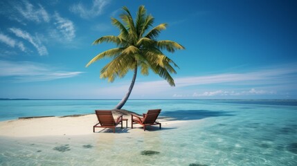Fototapeta na wymiar deckchairs under palm trees on a lonely sand island in the middle of the ocean