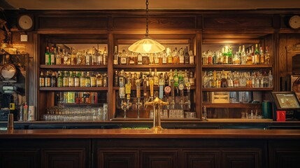 the counter bar in a cosy old english or irish pub with lots of whisky bottles in the background - obrazy, fototapety, plakaty