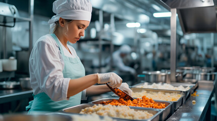 Modern food manufacturing with a worker actively involved in the production process, ensuring product quality and safety - obrazy, fototapety, plakaty