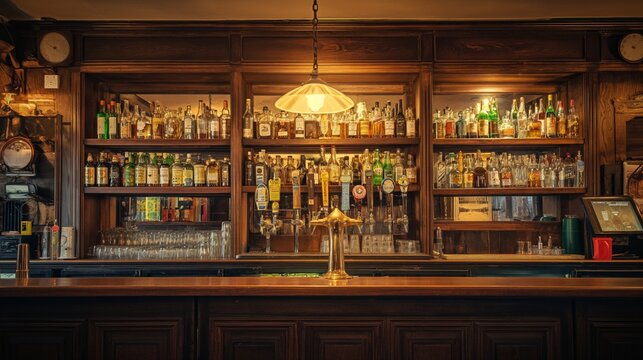 the counter bar in a cosy old english or irish pub with lots of whisky bottles in the background