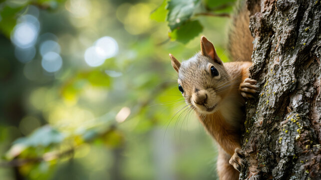 A curious squirrel peeking out from behind a tree its bushy tail and bright eyes adding a playful element to the forest scene.