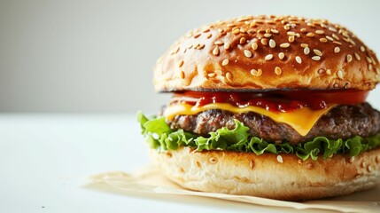 Angular view of a classic burger against white background