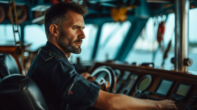The ship's captain confidently steers the vessel from the captain's bridge, navigating towards open seas to ensure the safety and reliability of maritime transport