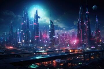 Fantasy alien city with flying saucers. 3D rendering, Spectacular nighttime in a cyberpunk city of the futuristic fantasy world featuring skyscrapers, flying cars, and neon lights, AI Generated