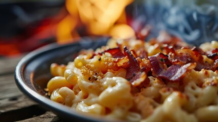 Bacon Mac and Cheese against a barbecue party setting - obrazy, fototapety, plakaty