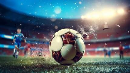 A football lies on the grass in a stadium