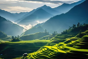 Papier Peint photo Rizières An awe-inspiring view of a mountain range, with a picturesque valley in the foreground, Terraced rice field in the harvest season in Mu Cang, AI Generated