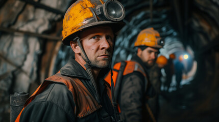 Fototapeta premium A group of miners works deep in a coal mine, undertaking challenging and hazardous tasks in the bowels of the earth