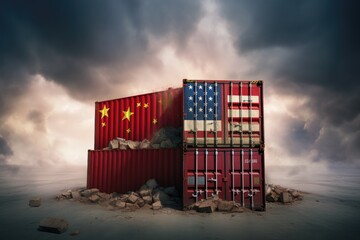 A stack of shipping containers proudly displaying the American flag painted on their sides, USA and China trade tensions, AI Generated