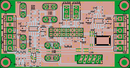Vector printed circuit board of an electronic 
device with components of radio elements, 
conductors and contact pads placed on it. 
Engineering technical drawing.