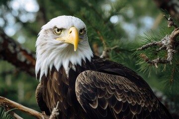 Obraz premium A bald eagle, a majestic bird of prey, sits in a pine tree in its natural habitat, View from above an eagle as it perches on a branch, AI Generated
