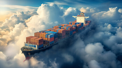 Big cargo container ship flying in the sky among the clouds