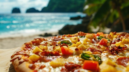 Hawaiian pizza against a tropical beach background - obrazy, fototapety, plakaty