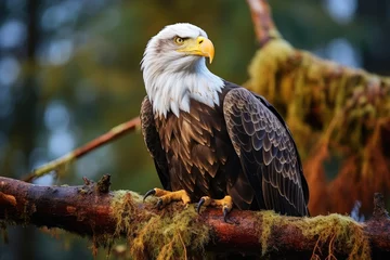 Foto op Plexiglas A majestic bald eagle perched on a tree branch, showcasing its powerful presence and symbolic significance, View from above an eagle as it perches on a branch, AI Generated © Ifti Digital