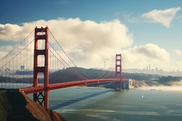 A stunning view of the world-famous Golden Gate Bridge, stretching across the water in San...