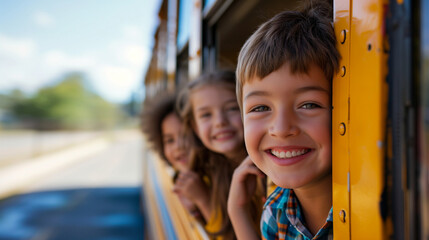Fototapeta na wymiar Children with smiles peek out of the school bus, ready for new educational adventures