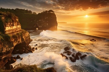 Sunset at Tanah Lot temple in Bali island, Indonesia, Seascape, ocean at sunset, Ocean coast with waves near Uluwatu temple at sunset, Bali, Indonesia, AI Generated
