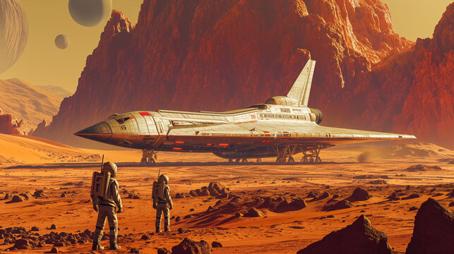 A group of human colonizers is shown disembarking from a spacecraft and setting foot on the barren surface of Mars