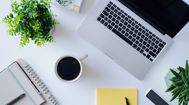 A Home Office Flat Lay With A Laptop Planner Stylish Desk Accessories A Houseplant And Coffee Mug Set On A Minimalist Clean Desk.