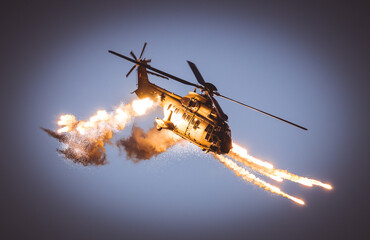 Military heavy helicopter and flares