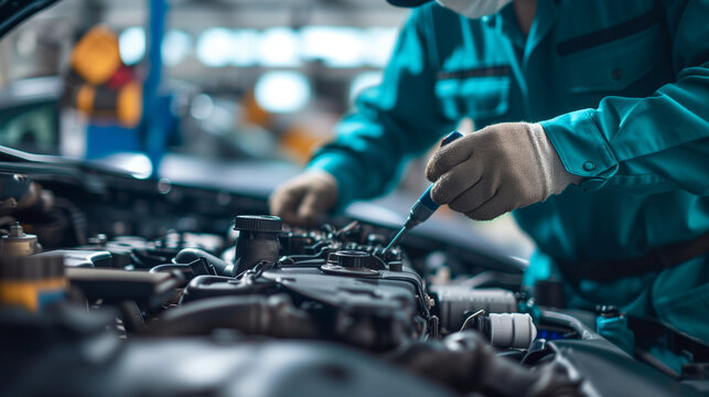 Modern car undergoing repairs at a service station. Skilled technicians working on the vehicle, ensuring its optimal performance