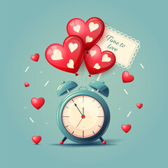 Alarm clock with a balloons hearts. Valentine's day card. Concept for a wedding or Valentine's Day celebration. Vector cartoon illustration. Good for greeting cards, banners, cards, flyers, social