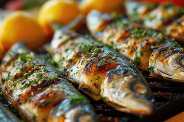 Grilled sardines with peppers, olive oil, and bread. Traditional Portuguese food, typical of popular festivals, popular saints Portugal	
