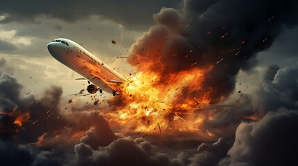 Airplane in a blast of smoke and fire