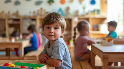 In the cheerful ambiance of a kindergarten, a child engages with wooden toys, their imagination soaring as they explore a world of endless possibilities and joy