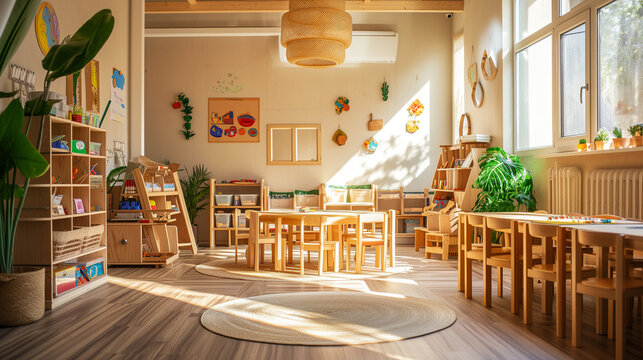 Light class in Montessori kindergarten. wooden children's table with chairs in the foreground