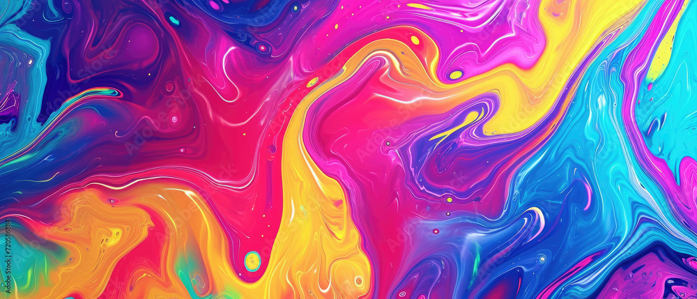 Poster a psychedelic style with rainbow colors patterns, a colorful liquid background