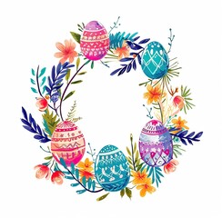 A bright and cheerful frame featuring a variety of decorated Easter eggs and florals, crafted for seasonal marketing and festive advertising use.
