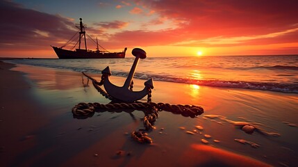 Anchor on the beach at sunset. Dramatic scene