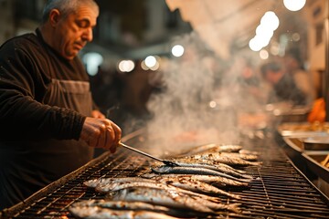 Porto's Street Feast: Dive into the Culinary Charms of Oporto Streets as a Man Grills Sardines, Offering a Popular Taste of Authentic Portuguese Seafood Delight. - obrazy, fototapety, plakaty