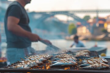 Sardinhas assadas na brasa com pimentos, salada, azeite, pão. Essência da gastronomia portuguesa e festas populares, São João, Santo António, São Pedro, Pontes do Porto de fundo, Portugal