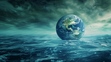 Planet Earth is submerged in the ocean, symbolizing melting ice caps due to global warming