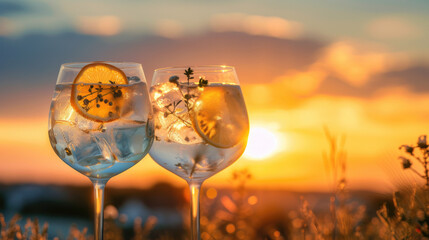 Two glasses filled with gin tonic in front of an outdoors sunset setting in summer - obrazy, fototapety, plakaty